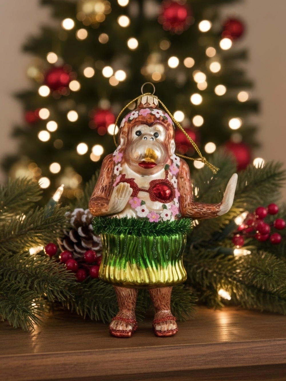Holiday Hula Monkey Glass Ornament - Brown & Green